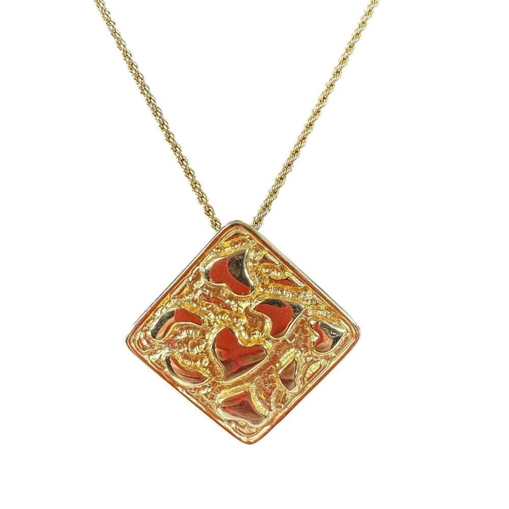 Yves Saint Laurent Necklace Gold Tone Heart Square Pendant YSL Logo Statement
